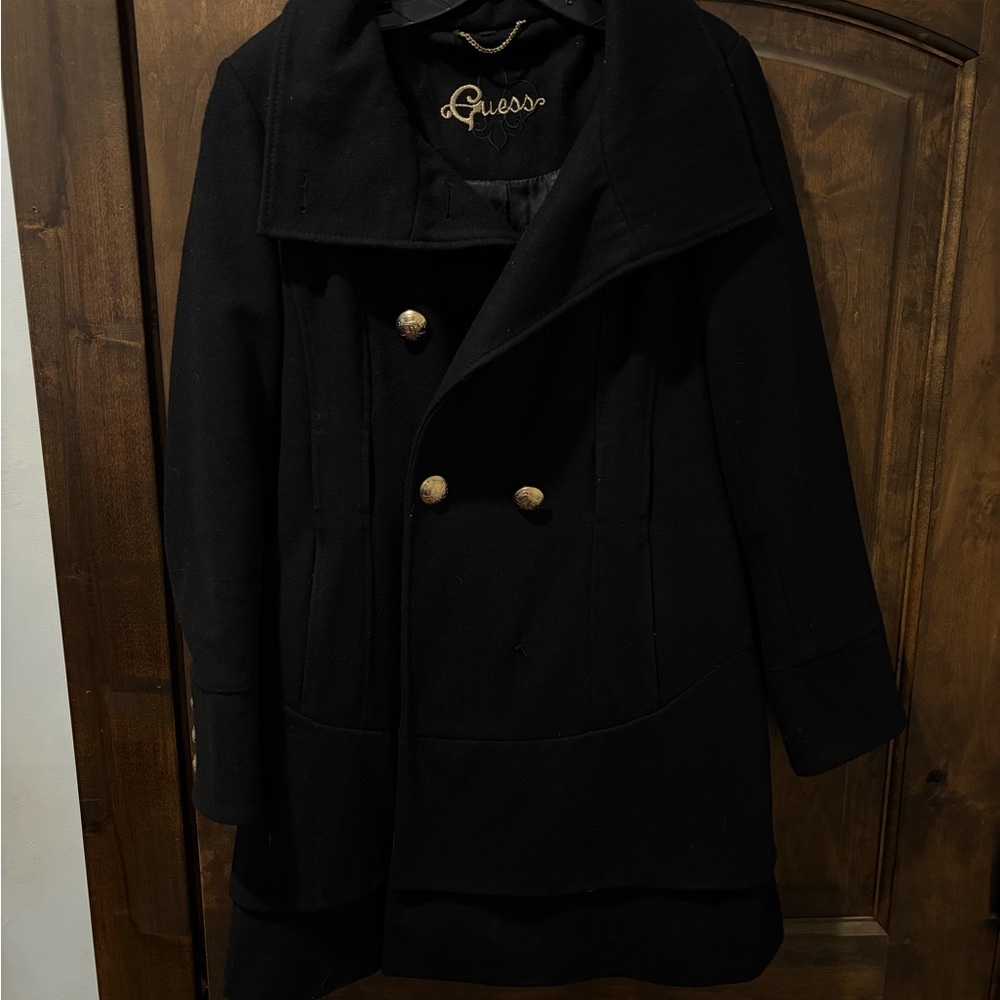 Guess Women's Black Pea Coat with Gold Buttons